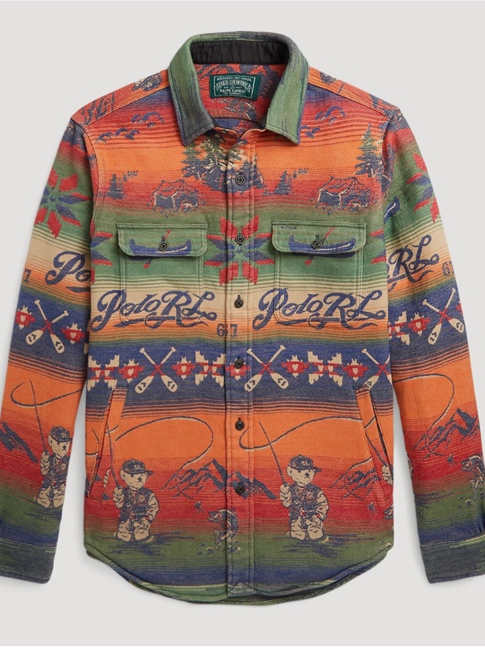 Ralph Lauren Western Fishing Bear Work Shirt Jacket in Orange & Green - Picture 2 of 7